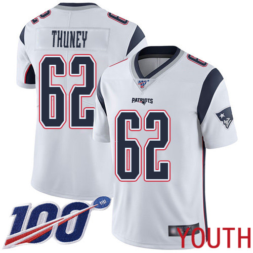 New England Patriots Football #62 Vapor Untouchable 100th Season Limited White Youth Joe Thuney Road NFL Jersey